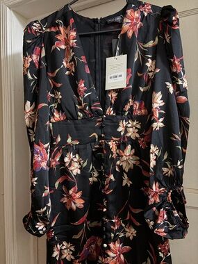 Black Floral V-Neck Midi Dress